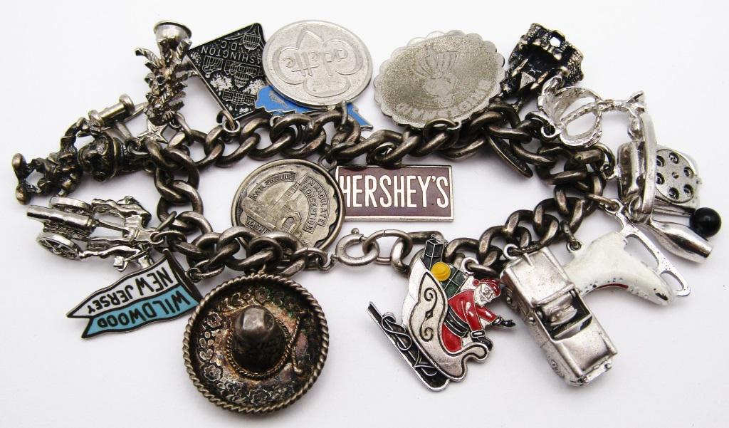 VINTAGE STERLING CHARM BRACELET w/19 CHARMS: MOST CHARMS MARKED - 47 DWT - HEAVY PIECE