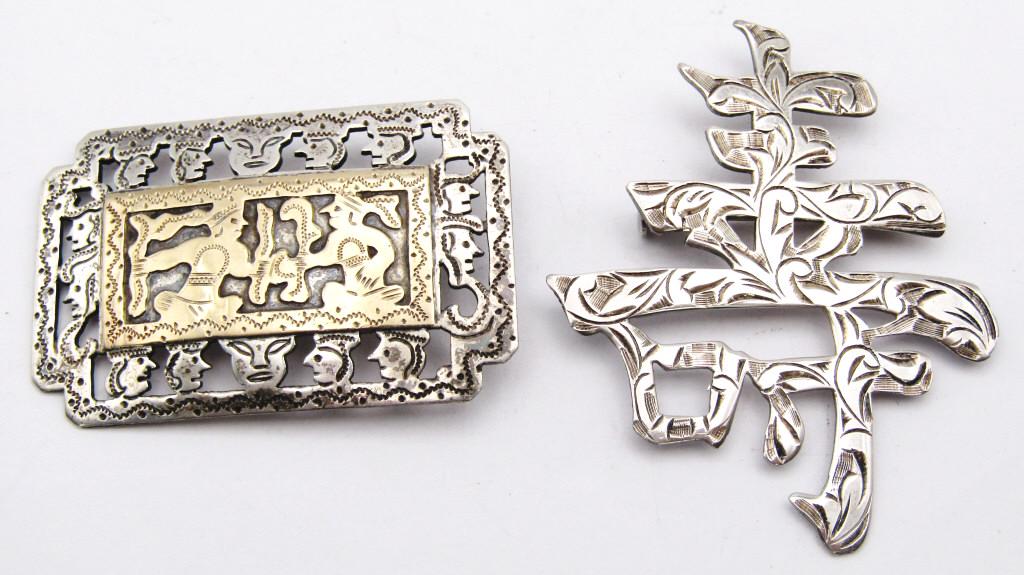 (2) ETCHED STERLING PINS - AZTEC & ORIENTAL (1 of 3)