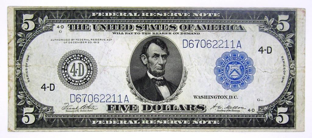 1914 $5 FEDERAL RESERVE NOTE - LARGE SIZE (1 of 2)