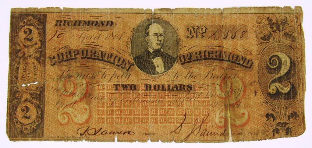 1861 $2 CORPORATION of RICHMOND NOTE: TWO DOLLARS OBSOLETE NOTE