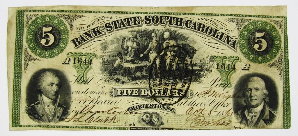 1861 $5 BANK of the STATE of SOUTH CAROLINA (1 of 2)