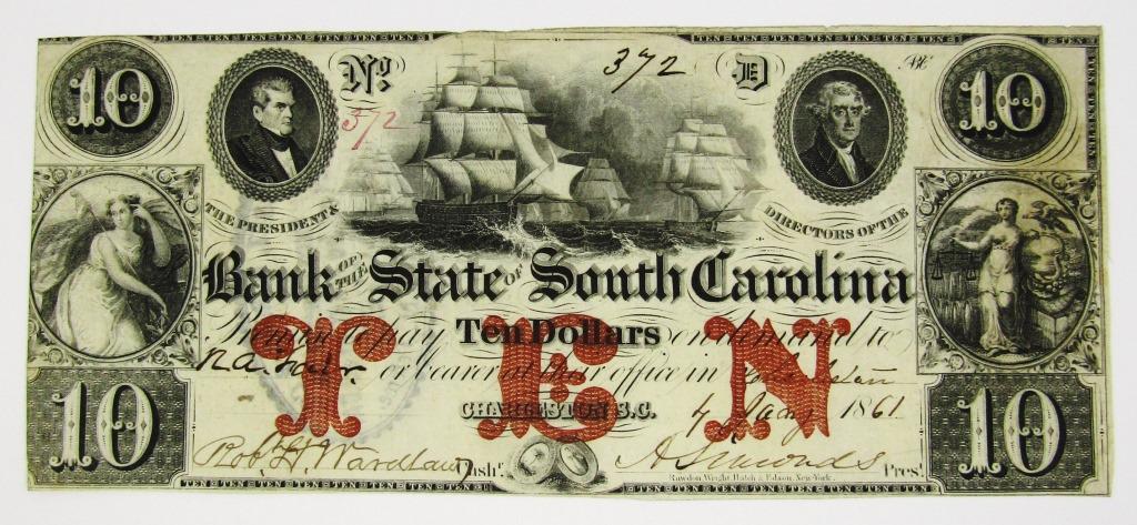 1861 $10 OBSOLETE NOTE SOUTH CAROLINA (1 of 2)