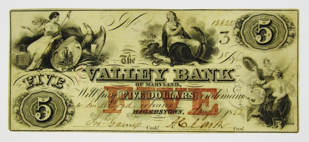 1855 $5 OBSOLETE NOTE VALLEY BANK MARYLAND (1 of 2)