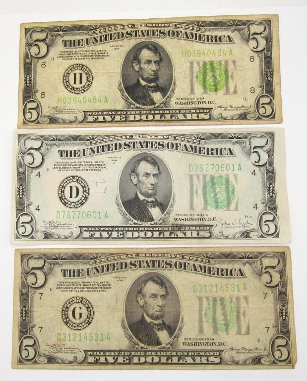 (3) 1934 $5 FEDERAL RESERVE NOTES (1 of 2)