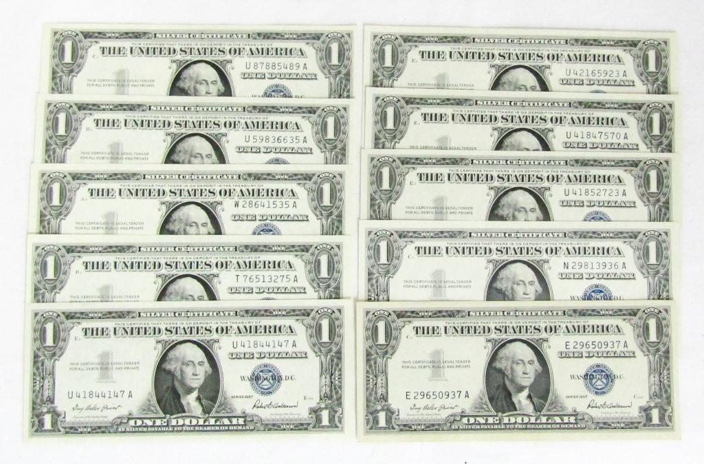 (10) 1957 $1 SILVER CERTIFICATES AU/UNC (1 of 2)