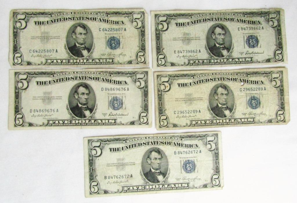 (5) 1953 $5 SILVER CERTIFICATES (1 of 2)