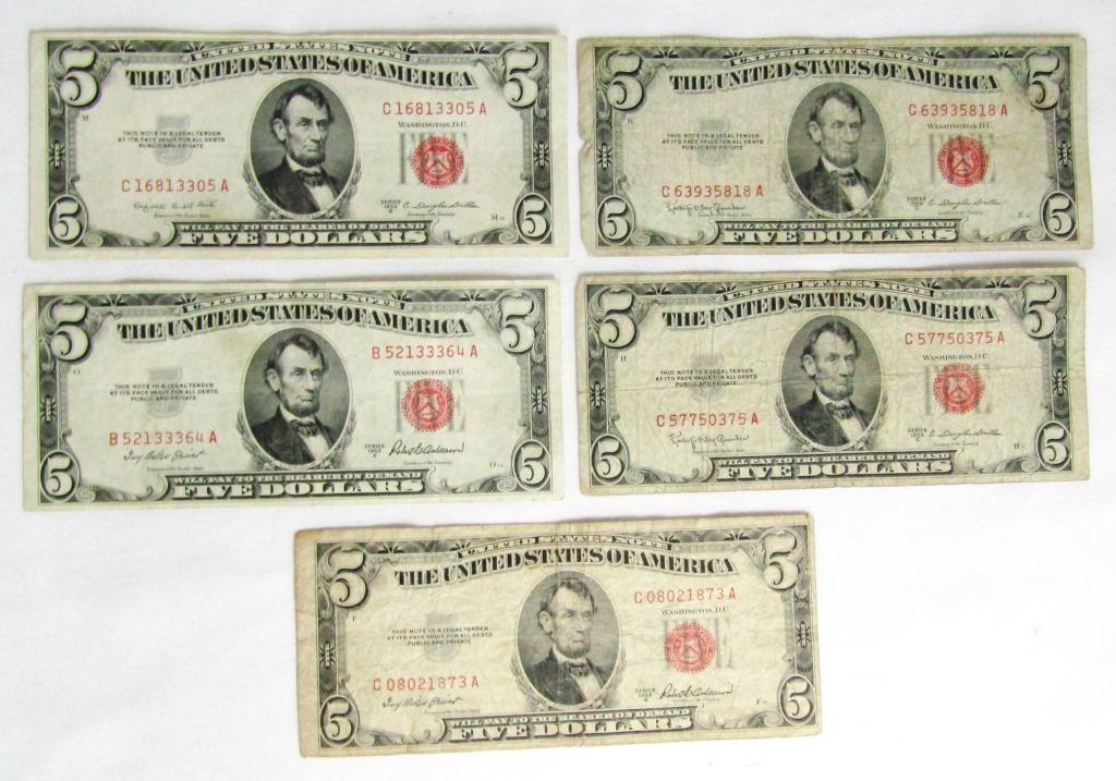 (5) 1953 $5 RED SEAL UNITED STATES NOTE (1 of 2)