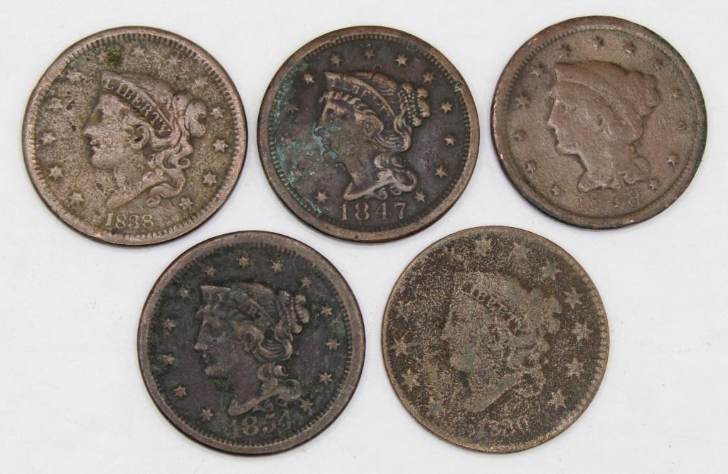 (5) U.S. LARGE CENTS - ALL DIFFERENT DATES (1 of 2)