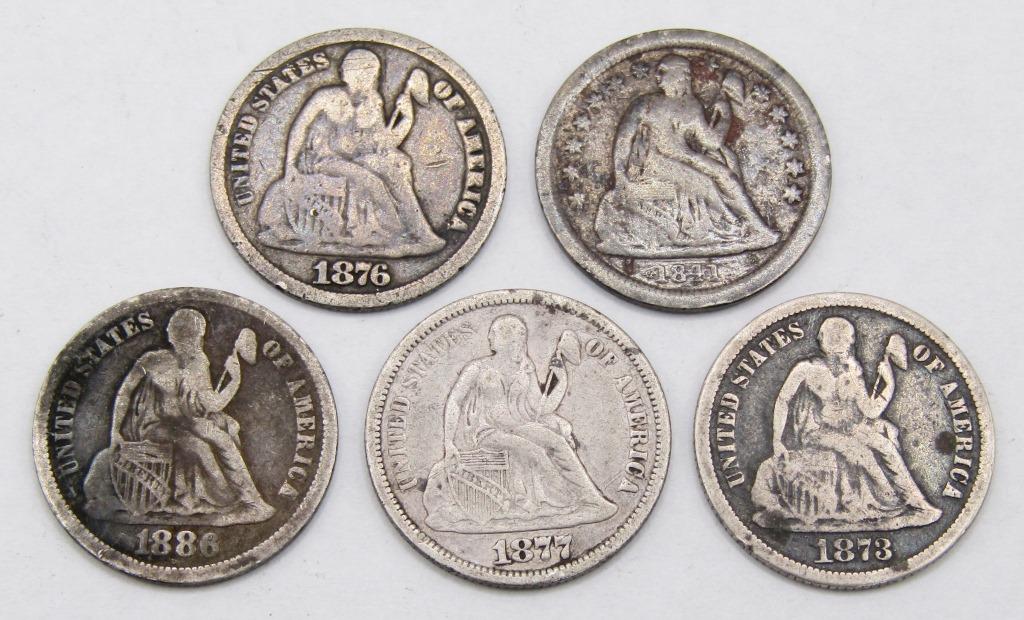 (5) SEATED SILVER DIMES - ALL DIFFERENT (1 of 2)