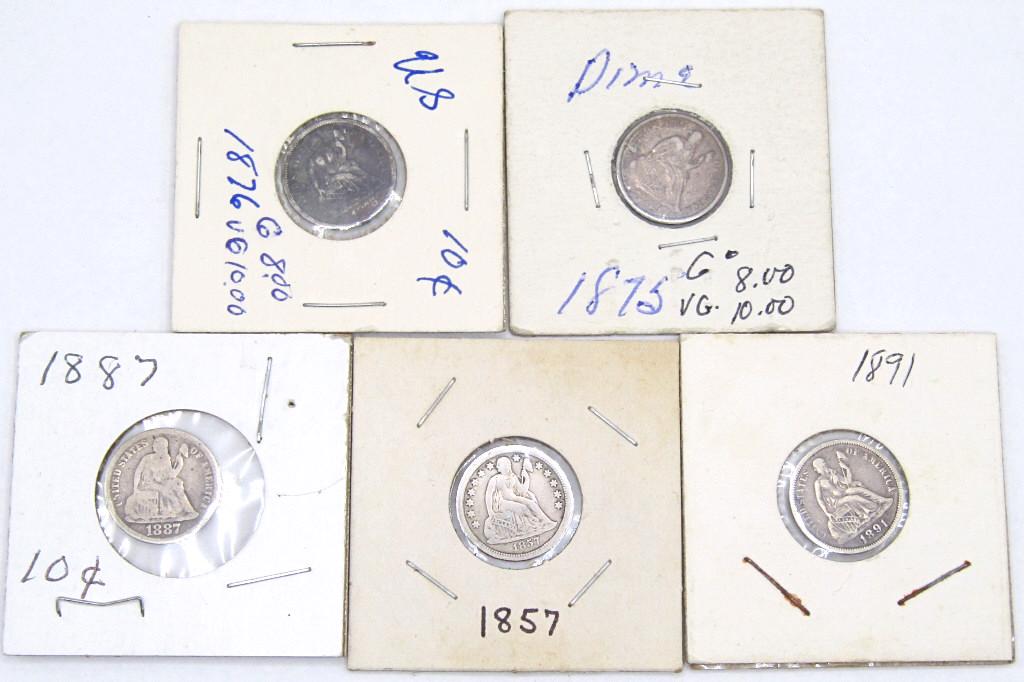 (5) SEATED SILVER DIMES - ALL DIFFERENT (1 of 7)