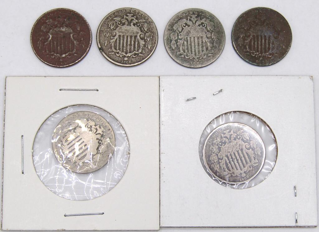 (6) SHIELD NICKELS - ALL DIFFERENT DATES (1 of 8)