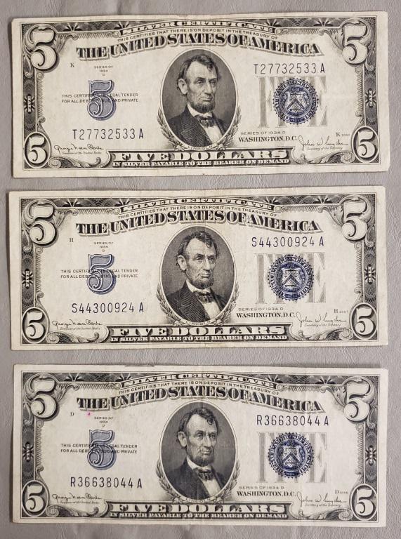 (3) 1934 $5 SILVER CERTIFICATES XF/AU (1 of 2)