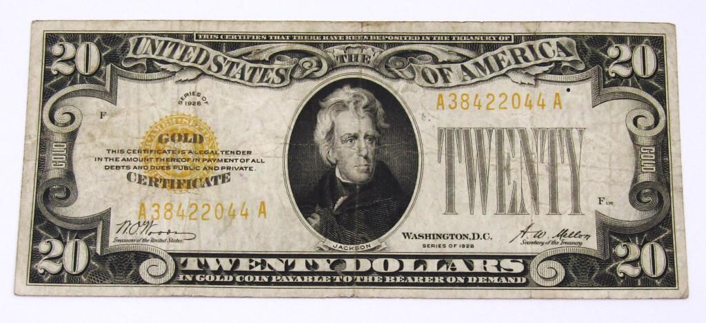 1928 $20 U.S. GOLD CERTIFICATE (1 of 2)