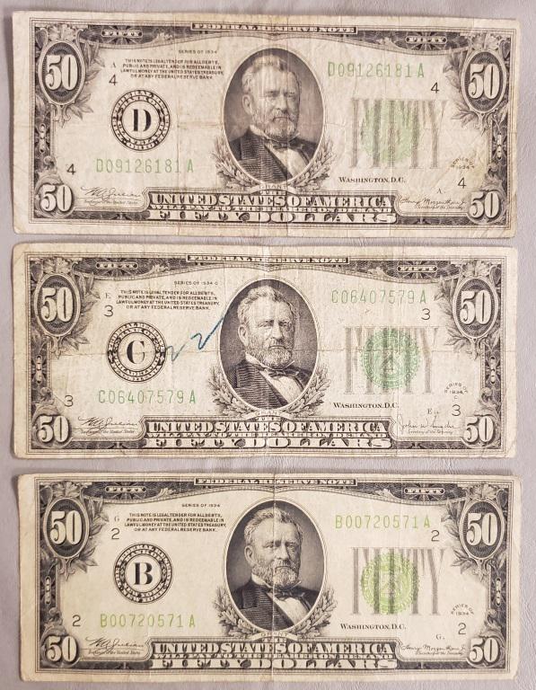 (3) 1934's $50 FEDERAL RESERVE NOTES (1 of 2)
