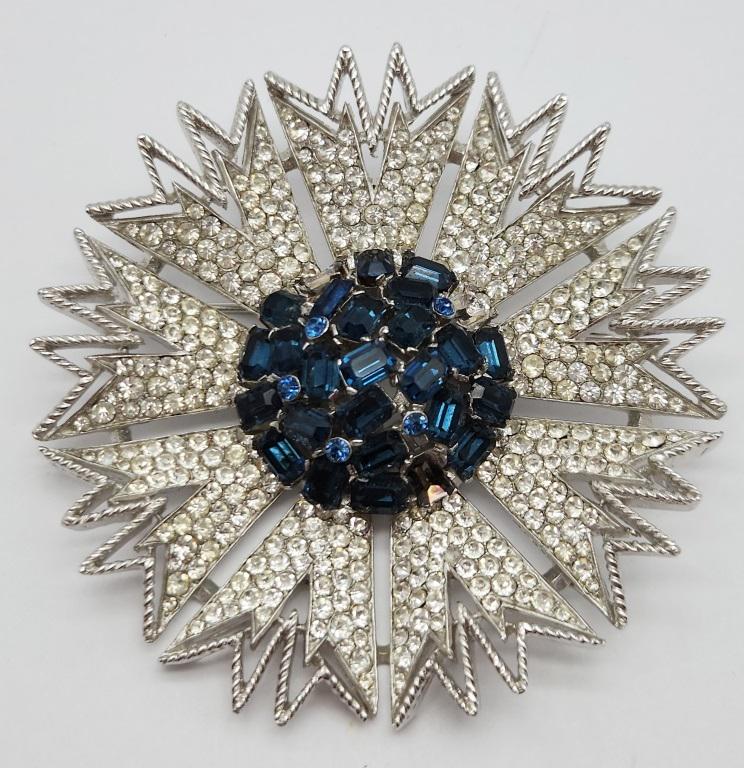 LARGE! VTG SILVER TONED RHINESTONE FLOWER (1 of 2)