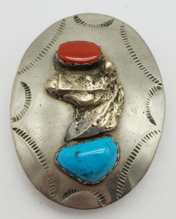 SOUTHWESTERN HORSE BELT BUCKLE WITH RED: CORAL AND TURQUOISE STONES-MARKED "MEX"