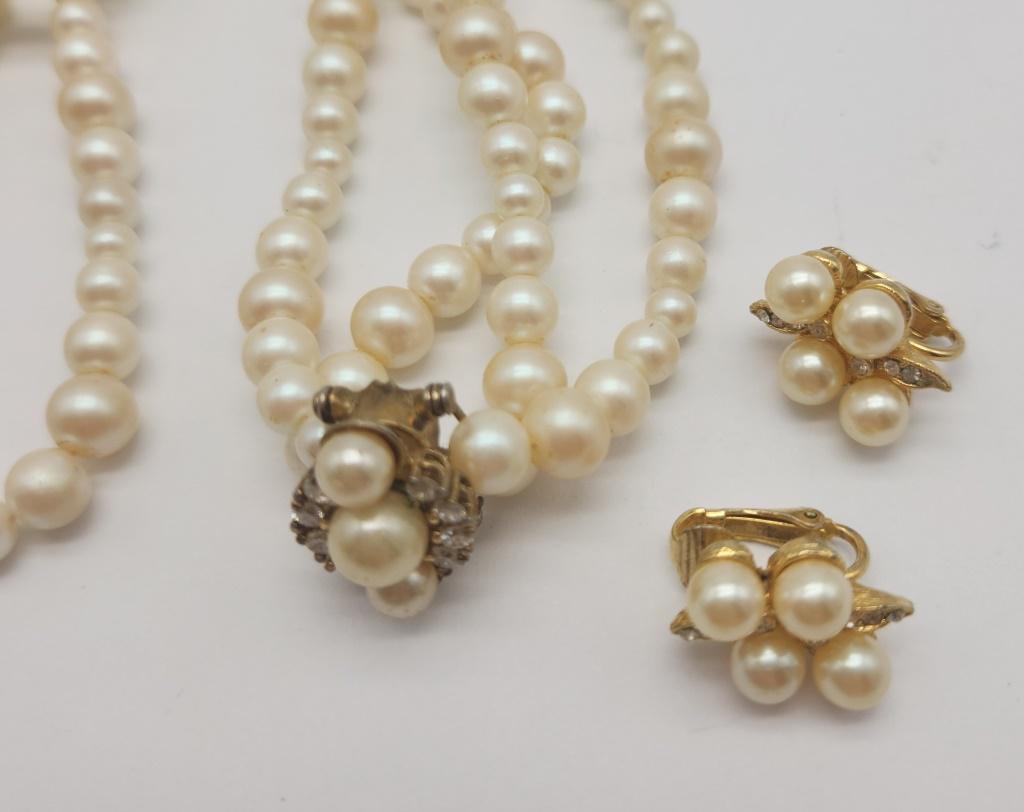 VINTAGE FAUX PEARL DOUBLE STRANDED NECKLACE: WITH PENDANT ACCENT-RHINESTONE BORDER PLUX (1)PAIR OF CLIP ON EARRINGS WITH FAUX PEARL AND RHINESTONE CLUSTER