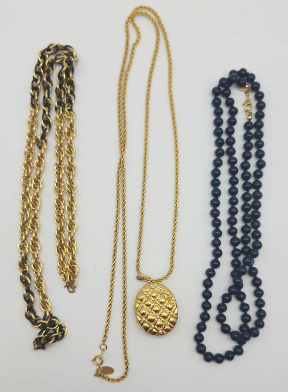 (3)VINTAGE NECKLACES (1)AVON LOCKET (1)MONET: WITH NAVY BLUE BEADS & (1)LINKED STYLE WITH BLACK LINKED ACCENTS