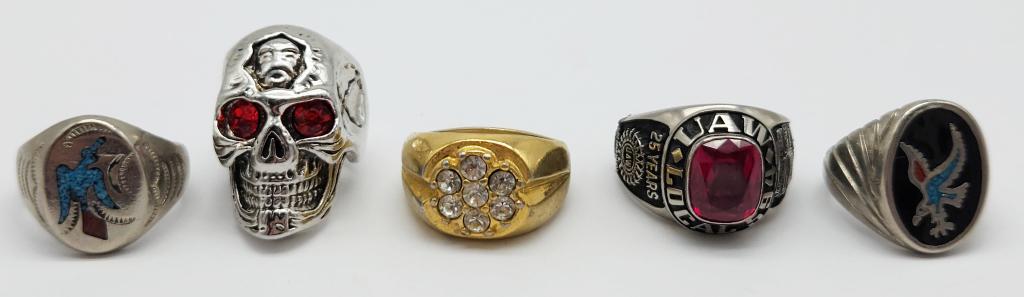 5-MEN'S FASHION RINGS-SKULL WITH RUBY RED: RHINESTONE EYES-SOUTHWESTERN-LOCAL UAW 594 & MORE! VARIOUS SIZES