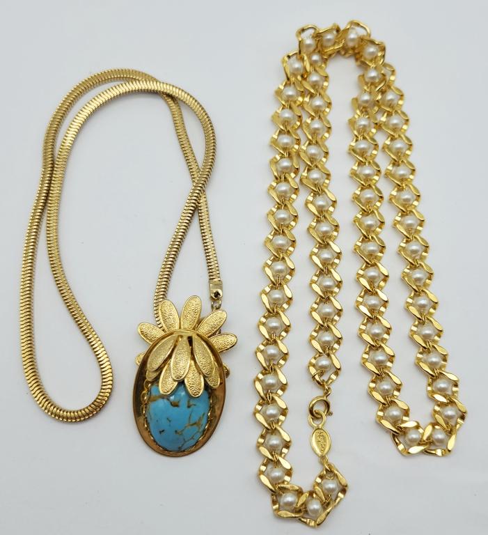 2-VINTAGE GOLD TONED NECKLACES: (1)NAPIER: WITH FAUX PEARLS (1)TURQUOISE LUCITE ACCENT IN PENDANT