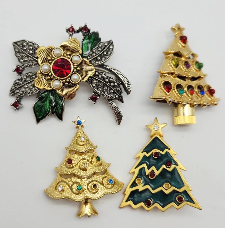4-VINTAGE CHRISTMAS BROOCHES: AVON-JJ: RHINESTONES-LUCITE-ENAMEL-FAUX PEARLS