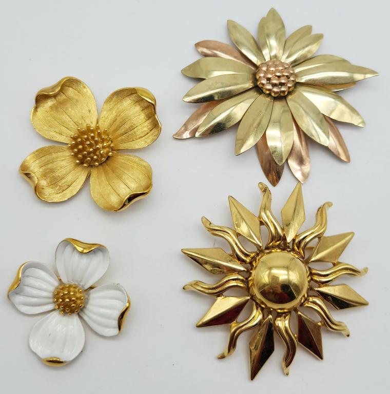 4-VINTAGE GOLD TONED FLOWER BROOCHES: MONET-TAYLORD 12K GF (2)TRIFARI