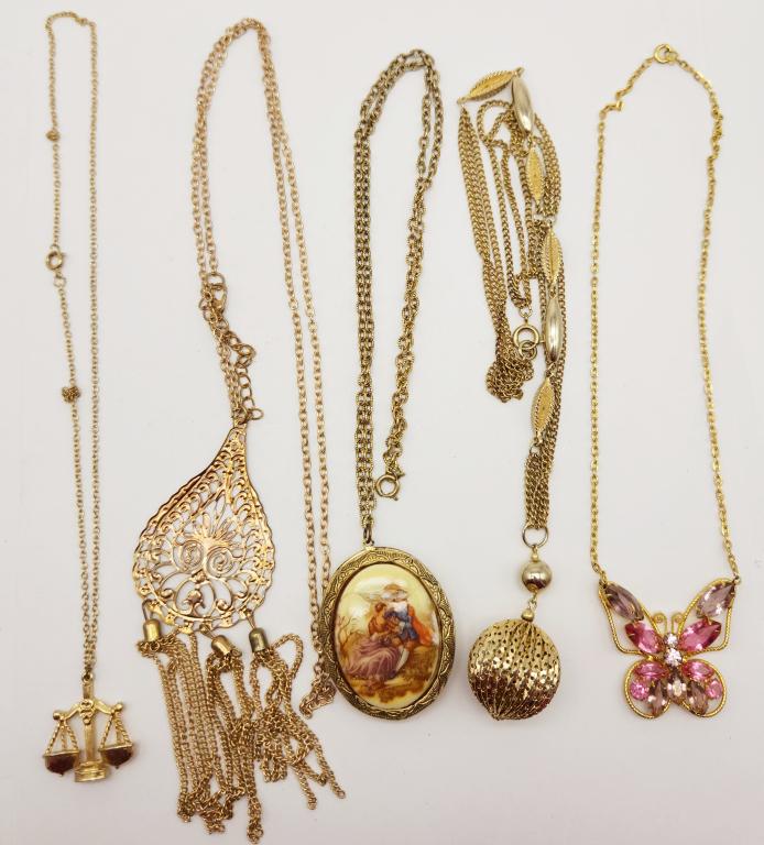 5-VINTAGE GOLD TONED NECKLACES: MESH BALL: LOCKET-RHINESTONE BUTTERFLY & MORE