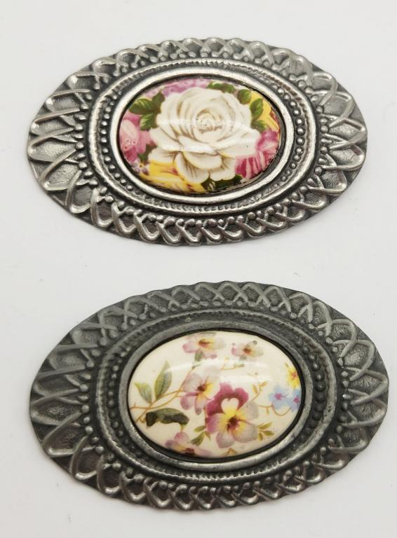 2-VINTAGE SILVER TONED BROOCHES WITH: PORCELAIN PAINTED FLOWER CENTER