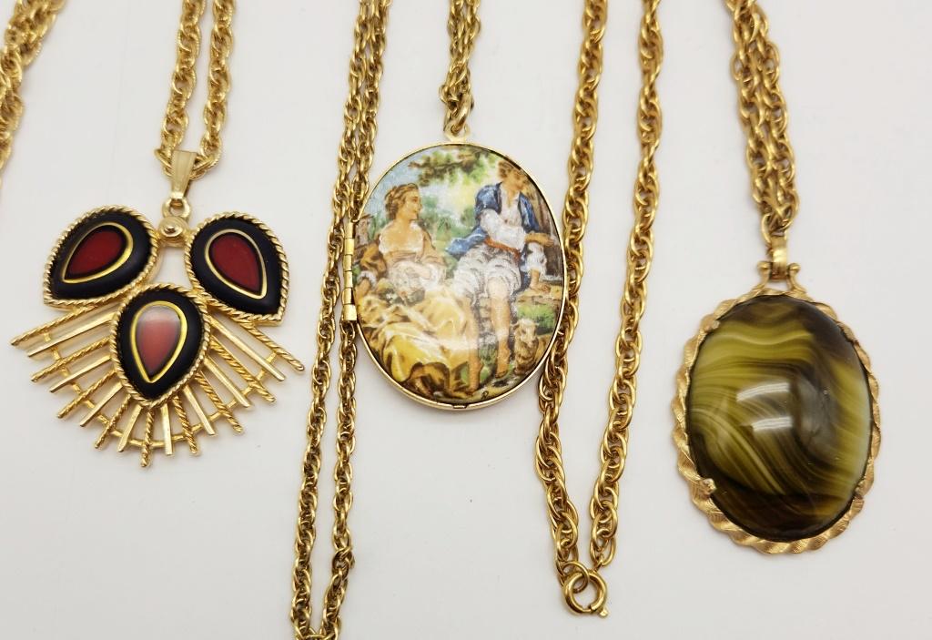 3-VINTAGE GOLD TONED NECKLACES: LUCITE-ENAMEL-LOCKET-SARAH COVENTRY