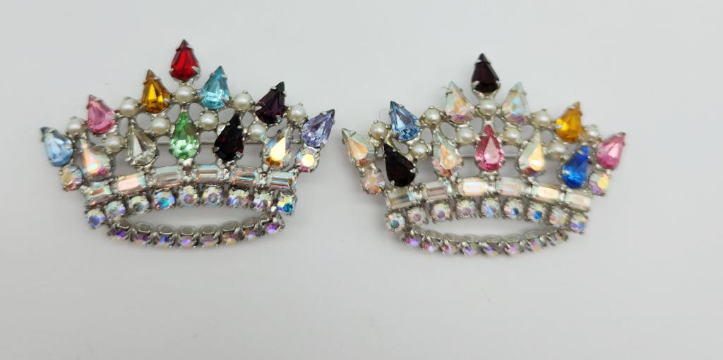 2-VINTAGE B DAVID SILVER TONED RHINESTONE: CROWN BROOCHES WITH FAUX PEARL ACCENTS