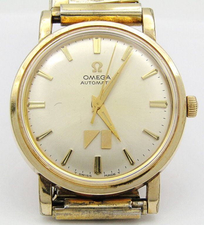 Omega Automatic - American Motors Watch: Gold Filled Screwback Case - LU6289; Perfect Dial with American Motors Logo and Caseback with Presentation Engraving Dated 1971; 17 Jewel Cal 550 Mov't 33mm; Vintage Speidel Stretch Band.