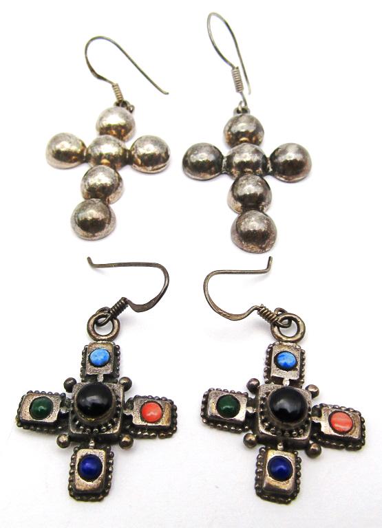 2-PAIRS OF PIERCED DANGLY SOUTHWESTERN: CROSS EARRINGS (1)WITH STONE DESIGN (1)MARKED MEXICO-TOTAL 11 DWT