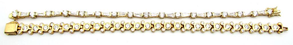2-7.5 INCH GOLD TONED TENNIS BRACELETS WITH: CLEAR STONE ACCENTS-TOTAL 20 DWT