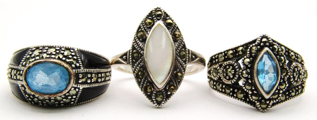 3-VINTAGE STERLING MARCASITE RINGS: VARIOUS SIZES 7-7.5-TOTAL 11 DWT