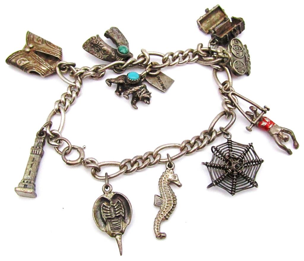VINTAGE STERLING CHARM BRACELET LOADED WITH: CHARMS-TOTAL 18 DWT