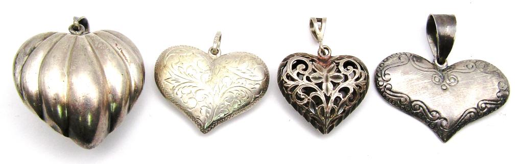4-VINTAGE STERLING HEART PENDANTS WITH: ENGRAVED DESIGNS-TOTAL 17 DWT