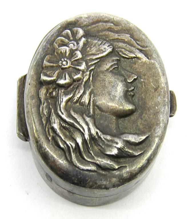VINTAGE STERLING PILL BOX WITH WOMAN FACIAL: DESIGN-TOTAL 8 DWT