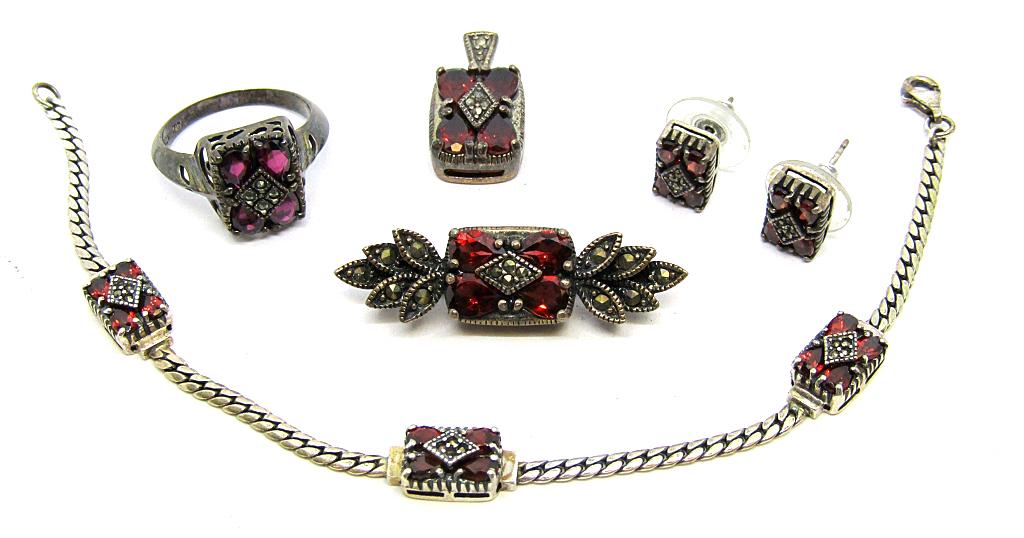 SET! VINTAGE STERLING MARCASITE AND RUBY RED (1 of 12)