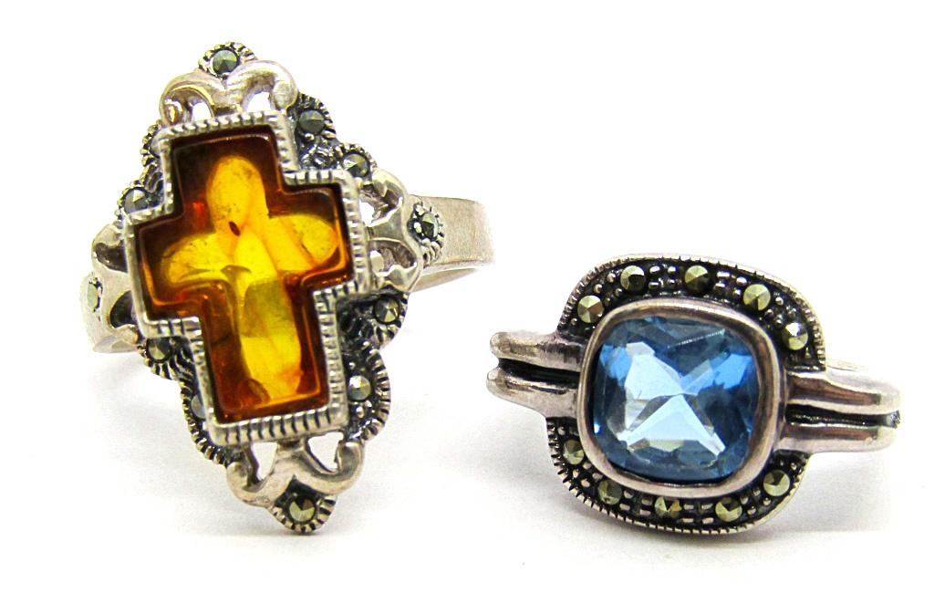 2-VINTAGE STERLING MARCASITE RINGS (1)CROSS: WITH ORANGE CENTER STONE & (1)WITH LIGHT BLUE CENTER STONE-RING SIZES 6 & 11-TOTAL 8 DWT