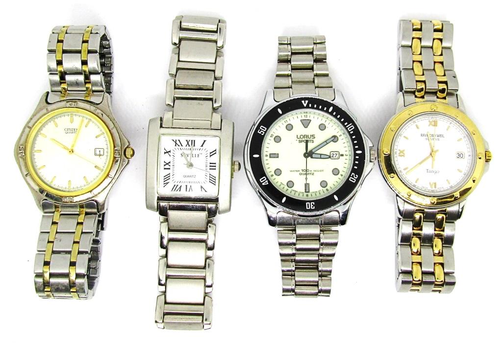 (4) MENS FASHION / SPORT WRIST WATCHES: LORUS SPORTS, CITIZEN, RAMOND WEIL GENEFVA, SEVILLE - UNTESTED