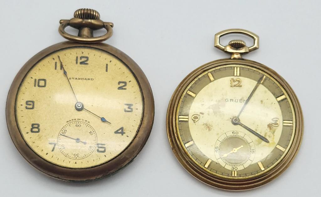 GRUEN THIN POCKET WATCH RUNNING plus: STANDARD OPEN FACE POCKET WATCH NOT RUNNING