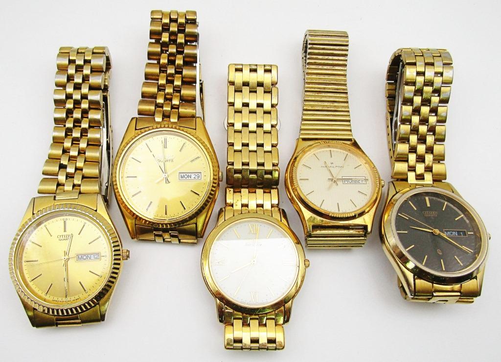 5-VINTAGE MEN'S GOLD TONED FASHION WRIST: WATCHES-CITIZEN ECHO DRIVE (RUNNING)-HAMILTON DAY DATE-CITIZEN QUARTZ DAY DATE-SEIKO QUARTZ DAY DATE-CITIZEN QUARTZ DAY DATE-ALL WATCHES UNTESTED
