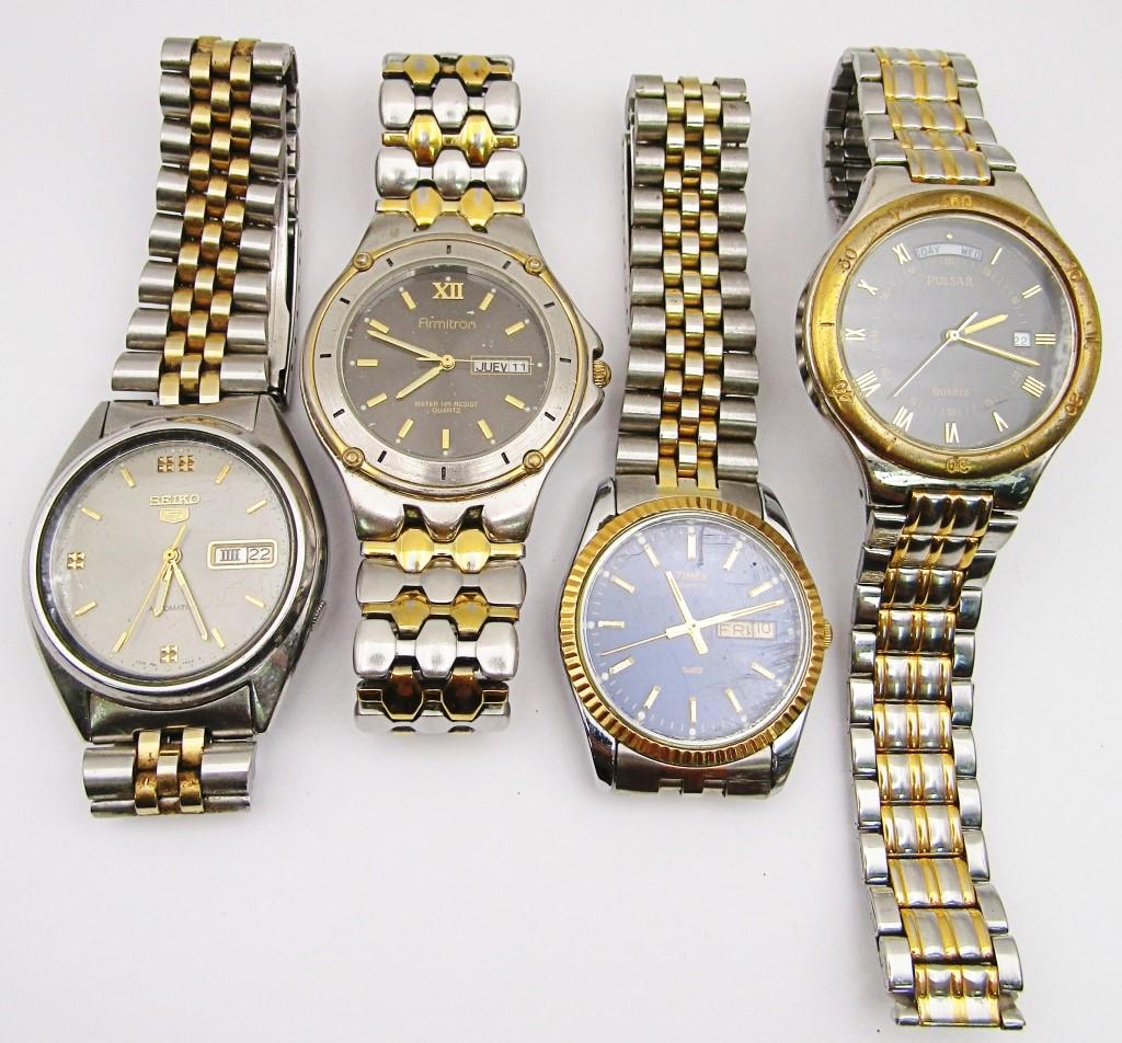 4-MEN'S DAY DATE FASHION WRISTWATCHES: SEIKO AUTOMATIC-PULSAR QUARTZ-ARMITRON WR QUARTZ-TIMEX QUARTZ-ALL WATCHES UNTESTED