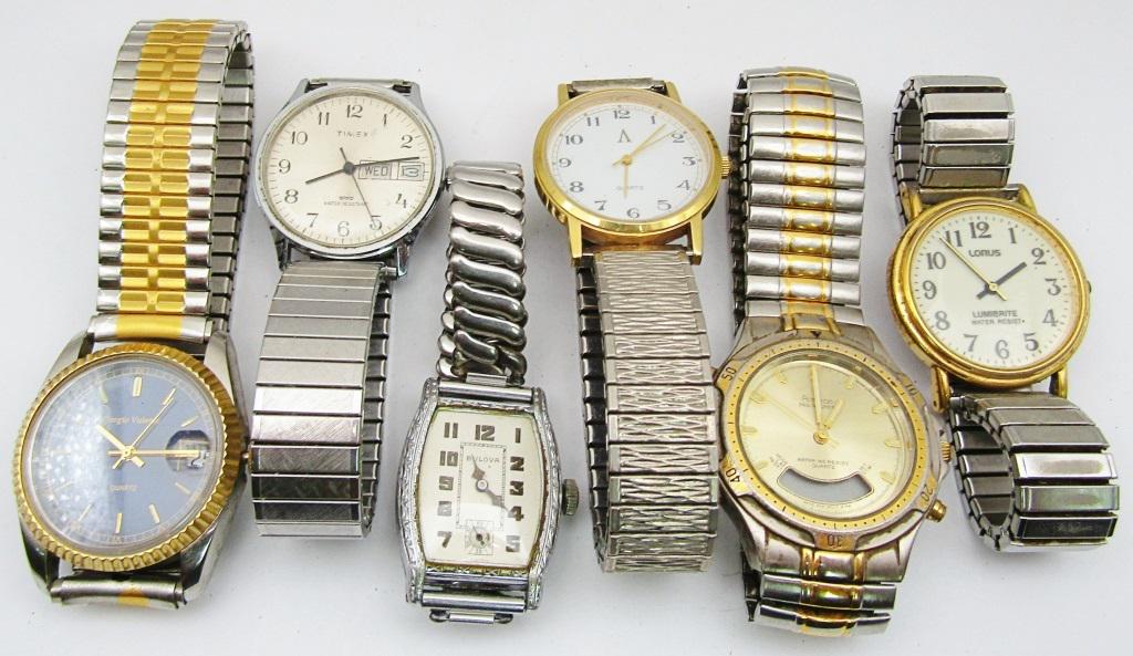 6-VTG SILVER TONED MEN'S WRISTWATCHES WITH: STRETCHY BANDS: QUARTZ-LORUS LUMBRITE WR-ARMITRON WR QUARTZ DIGITAL-TIMEX WR DAY DATE (RUNNING)-BULOVA-SERGIO VALENTA QUARTZ CALENDAR-ALL WATCHES UNTESTED