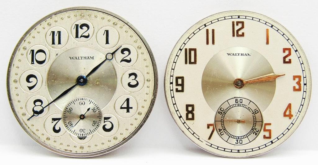 (2) Waltham Pocket Watches; 1928 - 1938: 1928 Grade No. 210 (12s, 7j), 1938 Grade No. 687 (17j); Untested; Watch Faces Only, No Cases. Estimated Production Years.