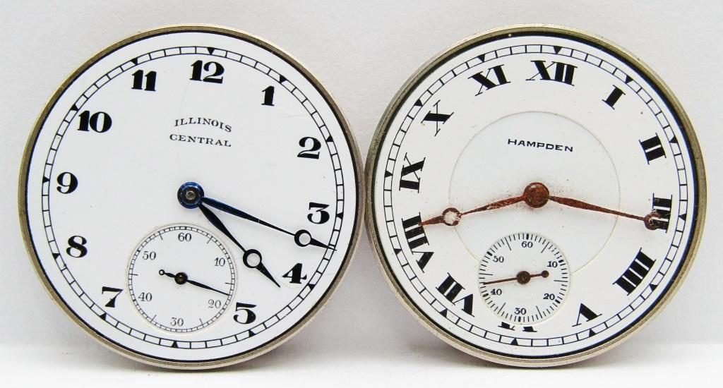 (2) PocketWatch Faces; 1913 Hampden & 1921 Illinoi: Hampden Watch Co. Grade No. 310 (12s, 17j); Illinois Watch Co. Grade 405 (12s, 17j); Untested, Watch Faces Only, No Cases. Estimated Production Years.