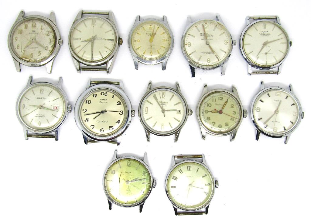 (12) MENS WATCH FACES PARTS / REPAIR LOT: (4) TIMEX, (2) WALTHAM, NORTH STAR, MEYER LIFETIME, BELFORTE, WYLER, GEORGES, BOULEVARD - UNTESTED
