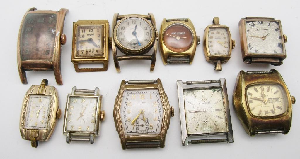 (11) antique PARTS / REPAIR WATCH FACE LOT: SOME GOLD FILLED - UNTESTED