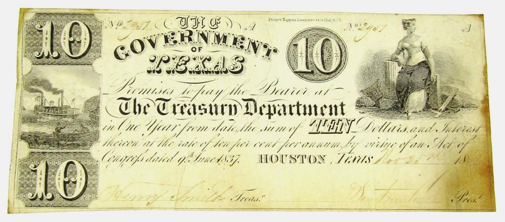 THE GOVERNMENT of TEXAS $10 OBSOLETE NOTE (1 of 2)