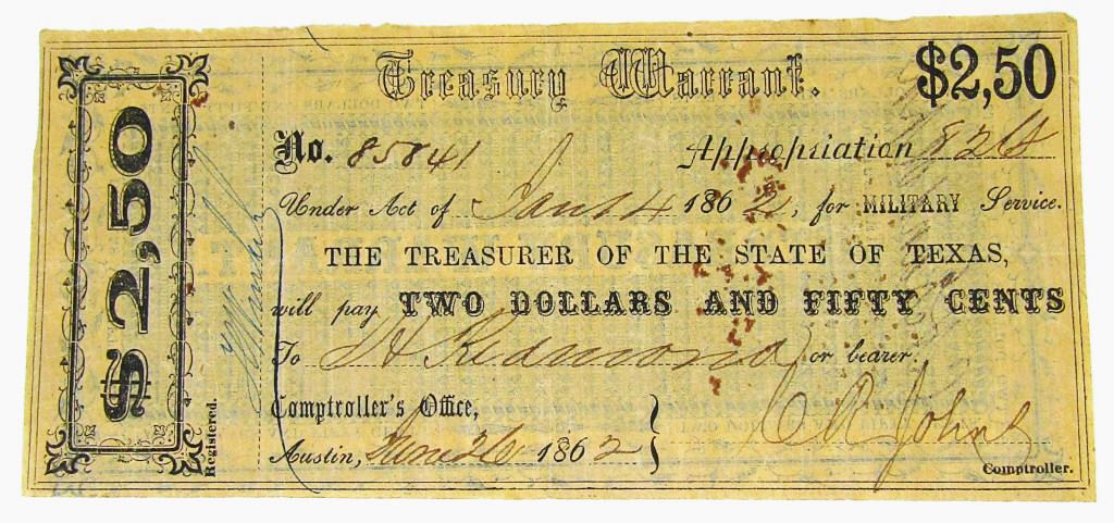 1862 $2.50 TEXAS TREASURY WARRANT (1 of 2)
